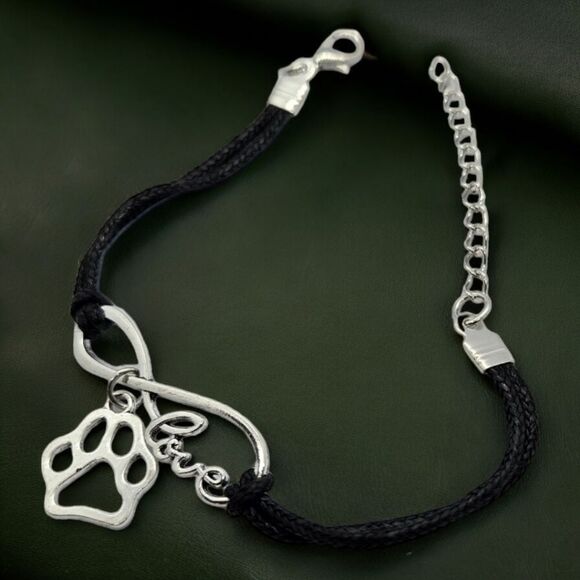 Paw Print 🐾 Dog Mom 🐾 Cat Lady Pet Lover Charm Bracelet Black Faux Leather - Picture 10 of 11